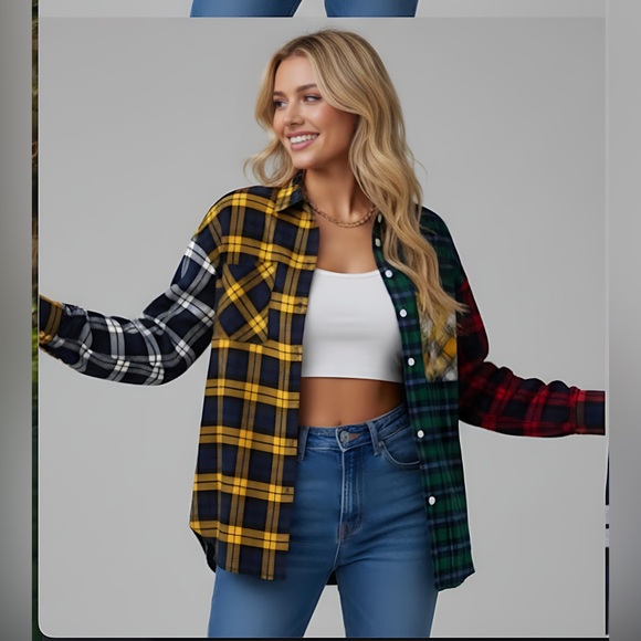 Boyfriend Cotton Color Block Plaid Button Down Shirt - Picture 3 of 6